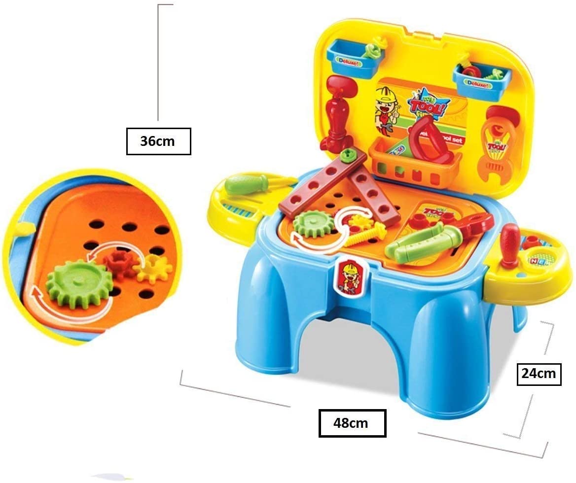 Work Bench Playset with Tools Set - Handy 2in1 Carrycase & Stool with Accessories including Saw, Spanner, Hammer, Pliers