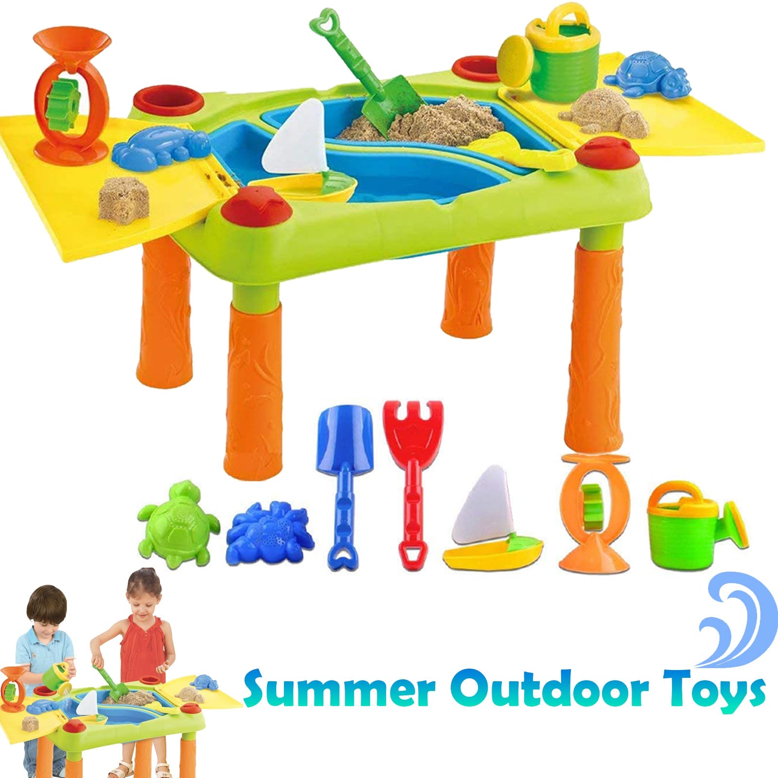 Sand and Water Outdoor Activities Play Table for Kids with Double Compartment, Lids and Over 10 Accessories