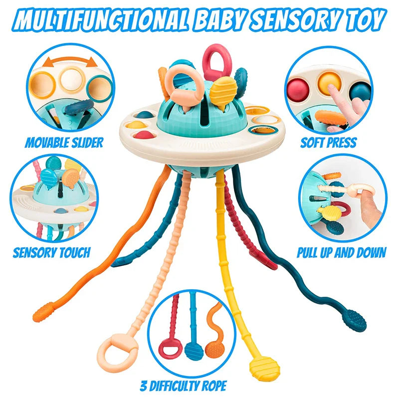 Fidtoy Montessori UFO Sensory Teething Toy for Babies Ages 1+ – Baby Pull String & Teether Activity Toy