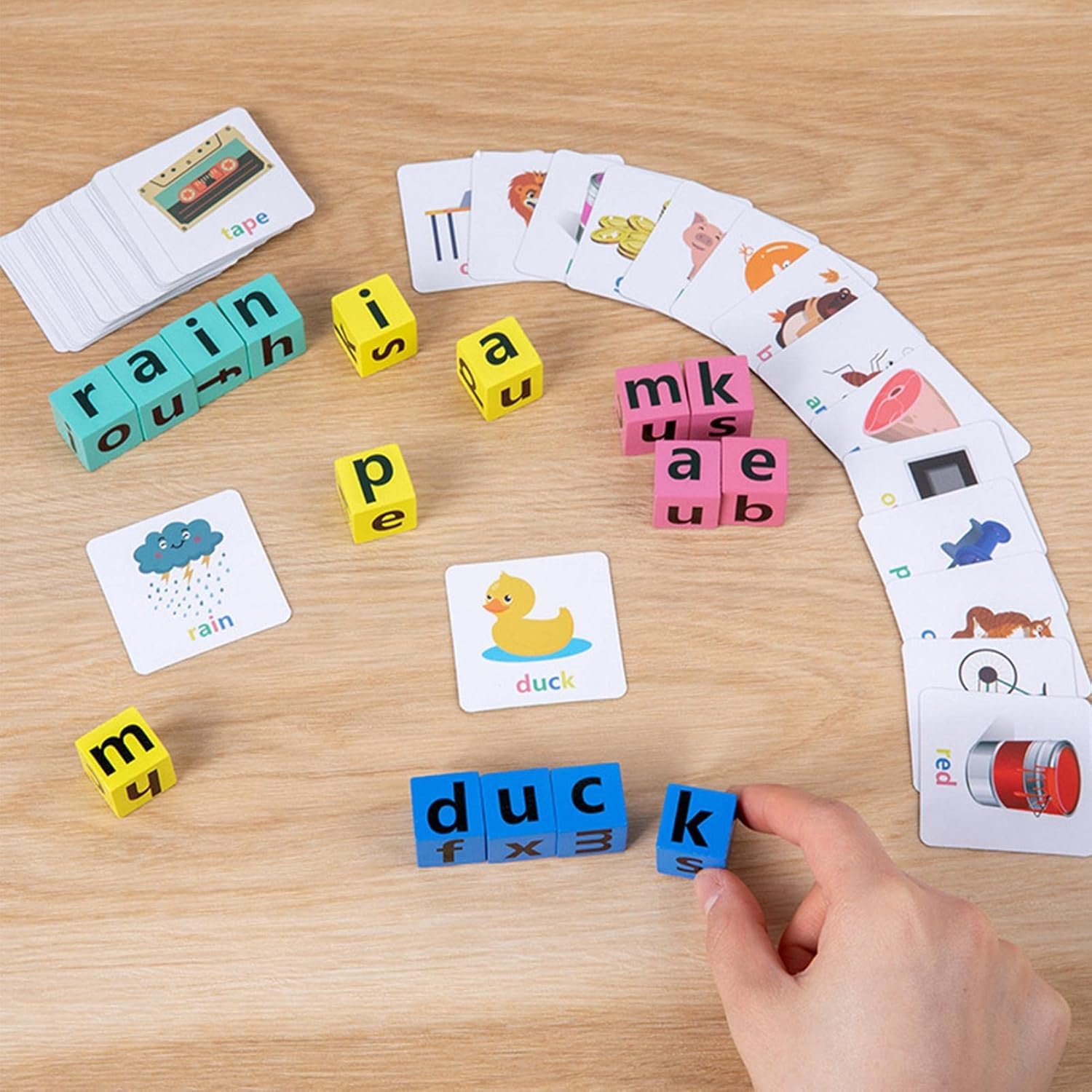 Spelling Game with Wooden Cube Letter Blocks
