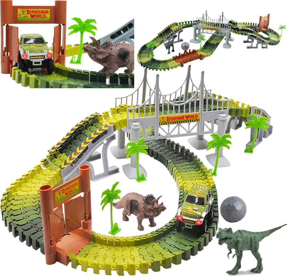 Slot Car Race Track Sets Dino World Flexible Race Track, Wooden Bridge, Ball & Car with Light Play Set