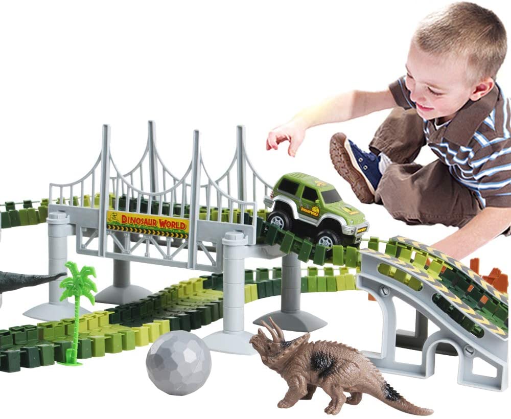 Slot Car Race Track Sets Dino World Flexible Race Track, Wooden Bridge, Ball & Car with Light Play Set