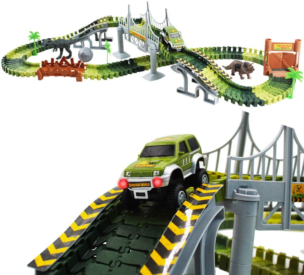 Slot Car Race Track Sets Dino World Flexible Race Track, Wooden Bridge, Ball & Car with Light Play Set