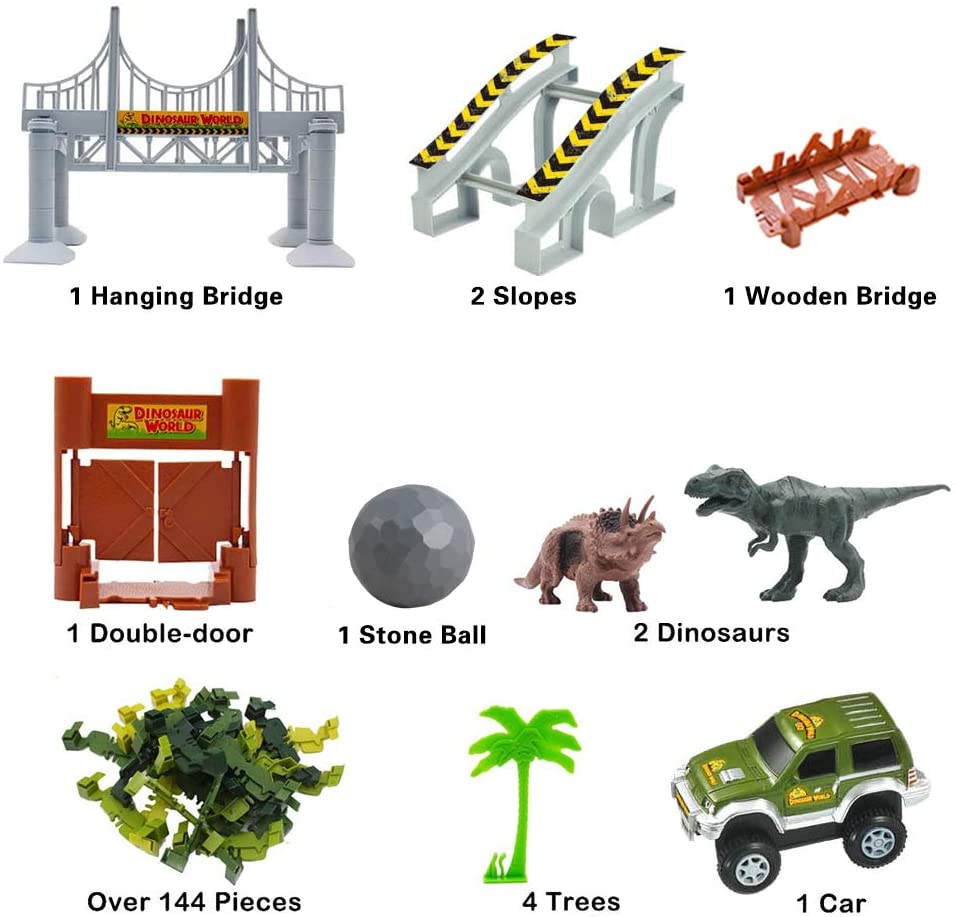 Slot Car Race Track Sets Dino World Flexible Race Track, Wooden Bridge, Ball & Car with Light Play Set