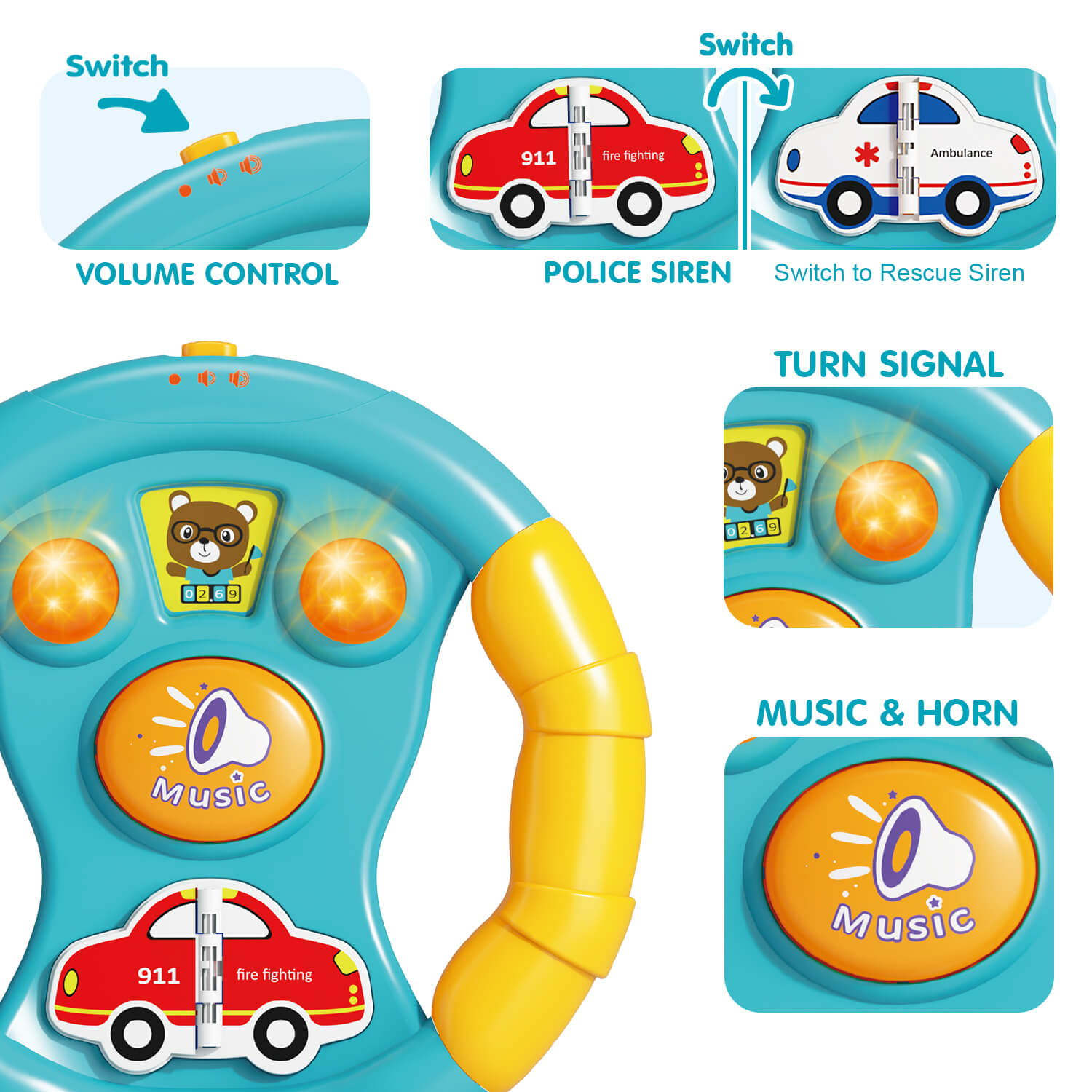 Toddler Driving Steering Wheel Toy and Car Keys with Music