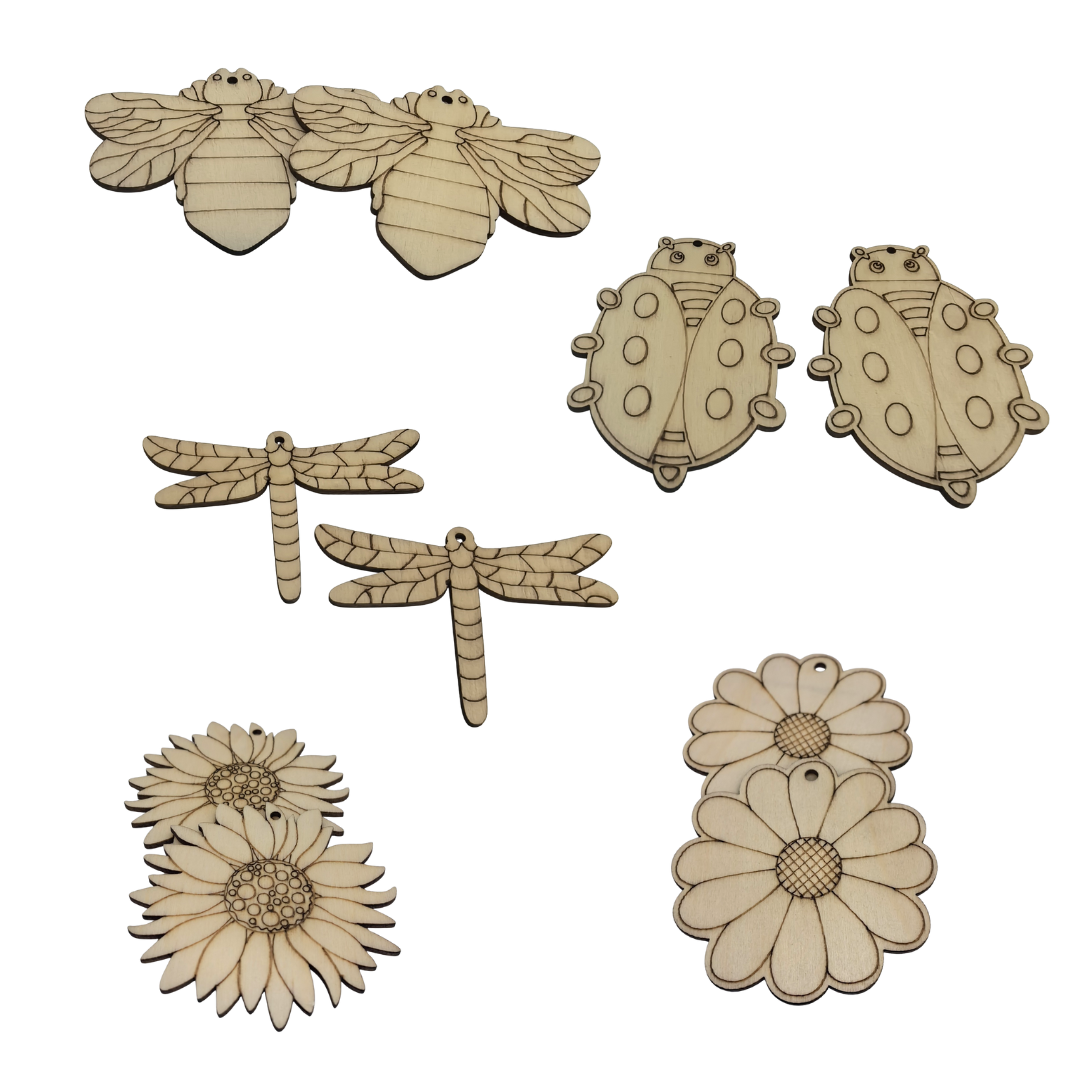 Large Natural Nature Insect Flower Bee Art and Craft Wooden Pieces Set of 10