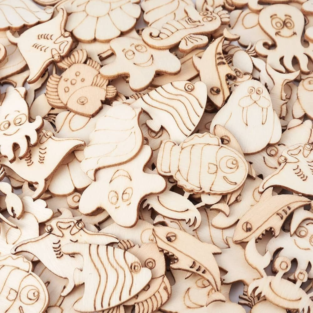 50-100 Pieces Wooden Animal Flower Shape Pieces Art Craft Chips Toys Natural Nature DIY Loose Parts