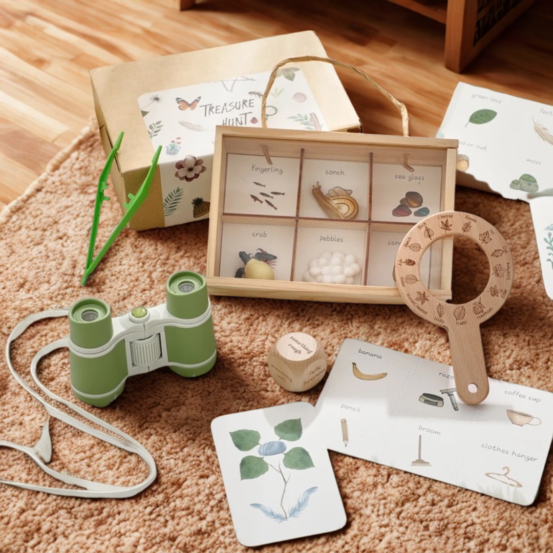 Wooden Explorers Pack Field Binoculars with Specimen box Magnifier Glass Sensory Tools Nature With Flash Cards