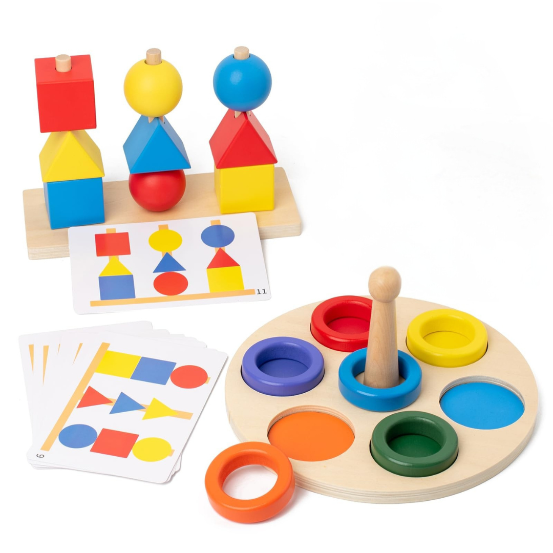 Montessori Toddler Sequence Beads Stacker and Colour Sorting Toy With Flash Cards