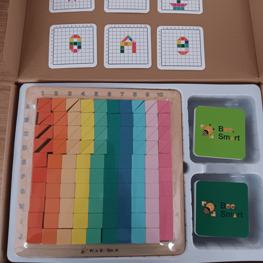 Wooden Mosaic Triangles and Squares Board Geometric Builder with Flash Cards