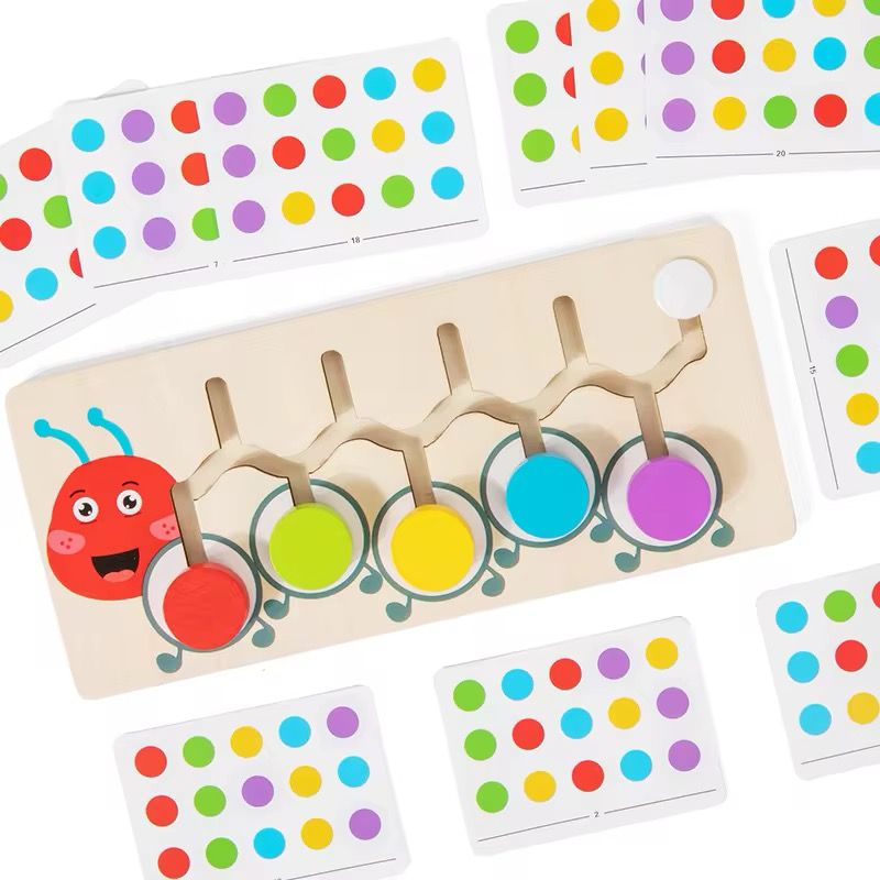 Wooden Caterpillar Color Matching Puzzle – Montessori Color Sorting Activity with Control Cards