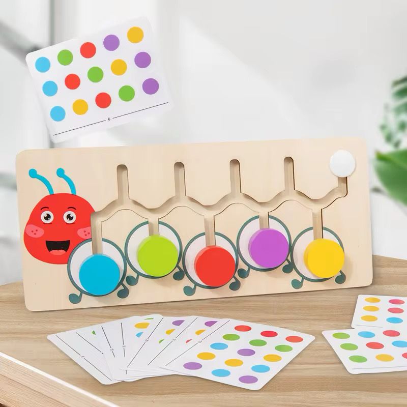 Wooden Caterpillar Color Matching Puzzle – Montessori Color Sorting Activity with Control Cards