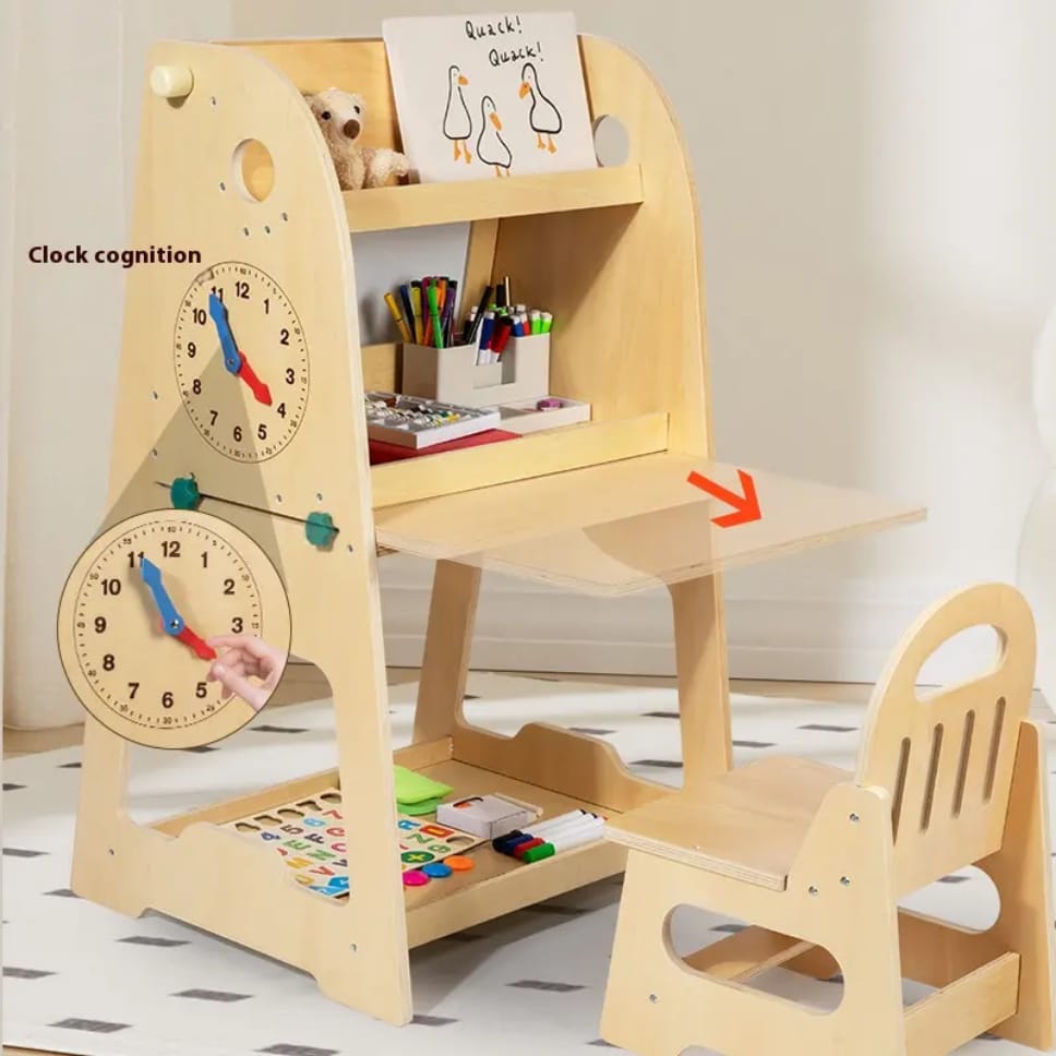 Wooden 3-in-1 Easel & Learning Desk for Kids – Adjustable Height, Double-Sided Board & Storage Shelf