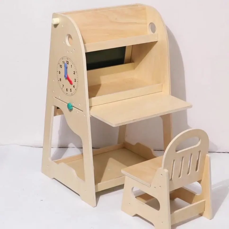 Wooden 3-in-1 Easel & Learning Desk for Kids – Adjustable Height, Double-Sided Board & Storage Shelf