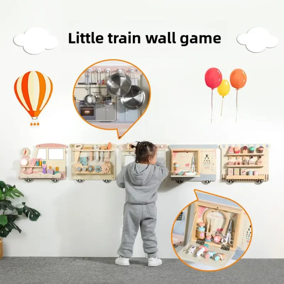 Wooden Pretend Play Wall Panel Train Set – Interactive Role Play Activity for Kids (Ice Cream Shop, Kitchen, Makeup & Tools)