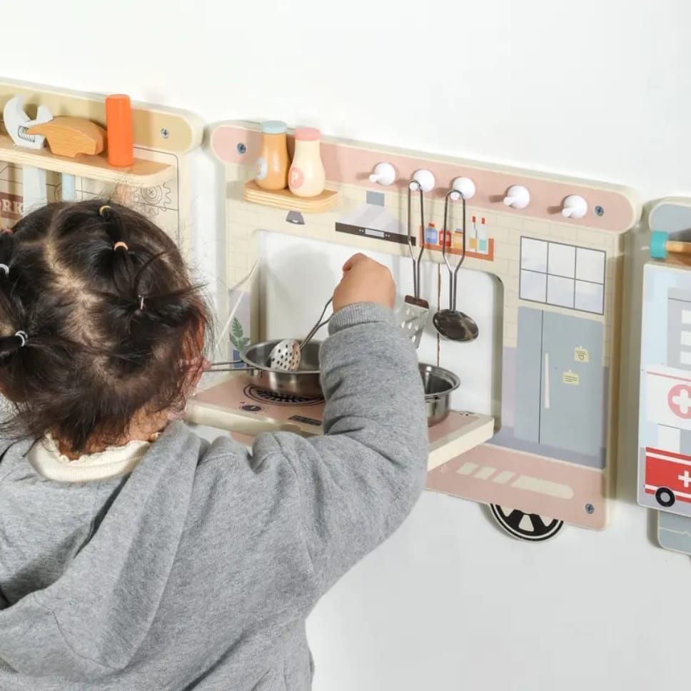 Wooden Pretend Play Wall Panel Train Set – Interactive Role Play Activity for Kids (Ice Cream Shop, Kitchen, Makeup & Tools)