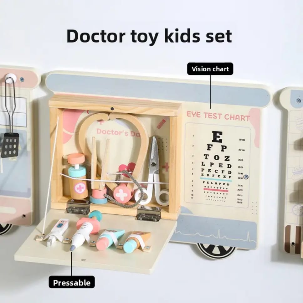 Wooden Pretend Play Wall Panel Train Set – Interactive Role Play Activity for Kids (Ice Cream Shop, Kitchen, Makeup & Tools)