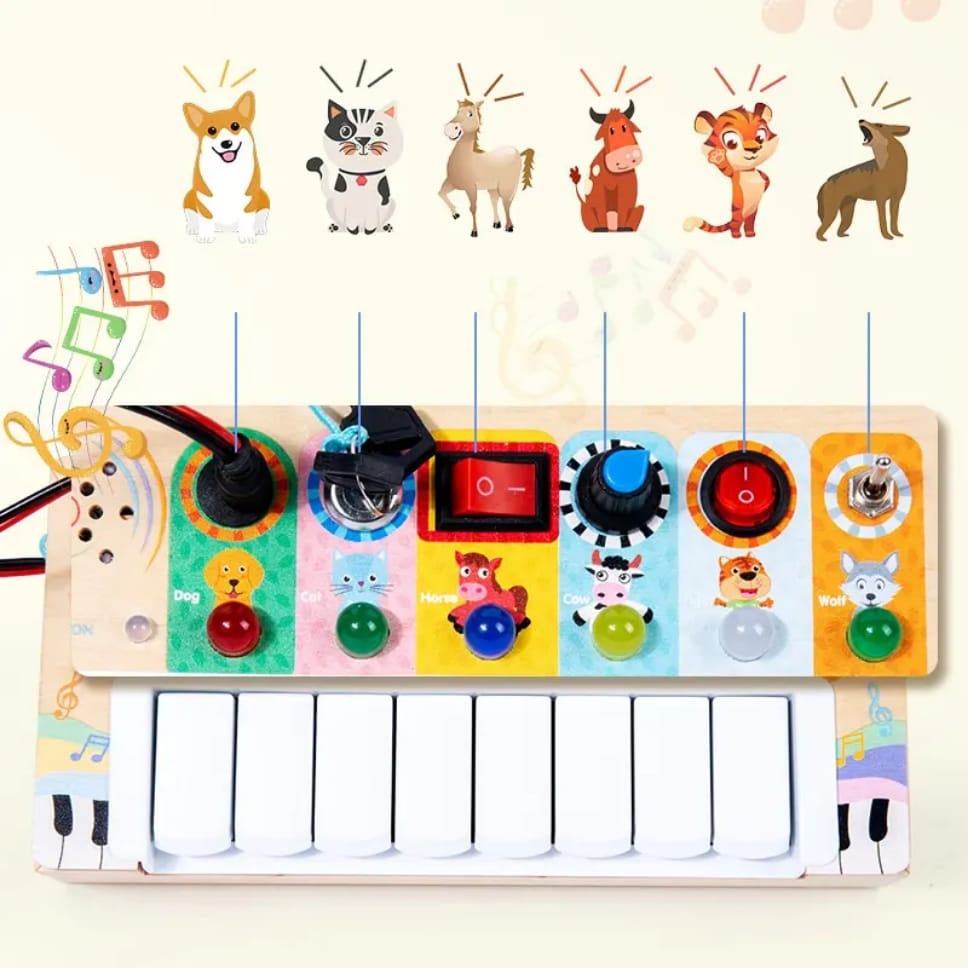 Wooden Electronic Piano Busy Board – Animal Sound Keyboard & Switches (3+ Years)