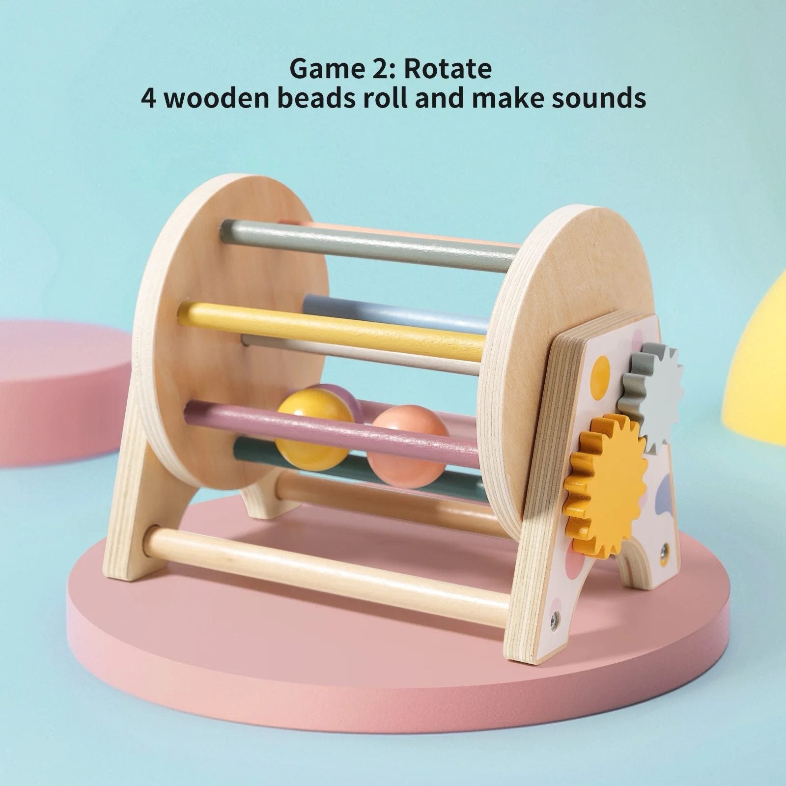 3-in-1 Wooden Ball Spinning Drum with Mirror and Gears – Infant Sensory Toy