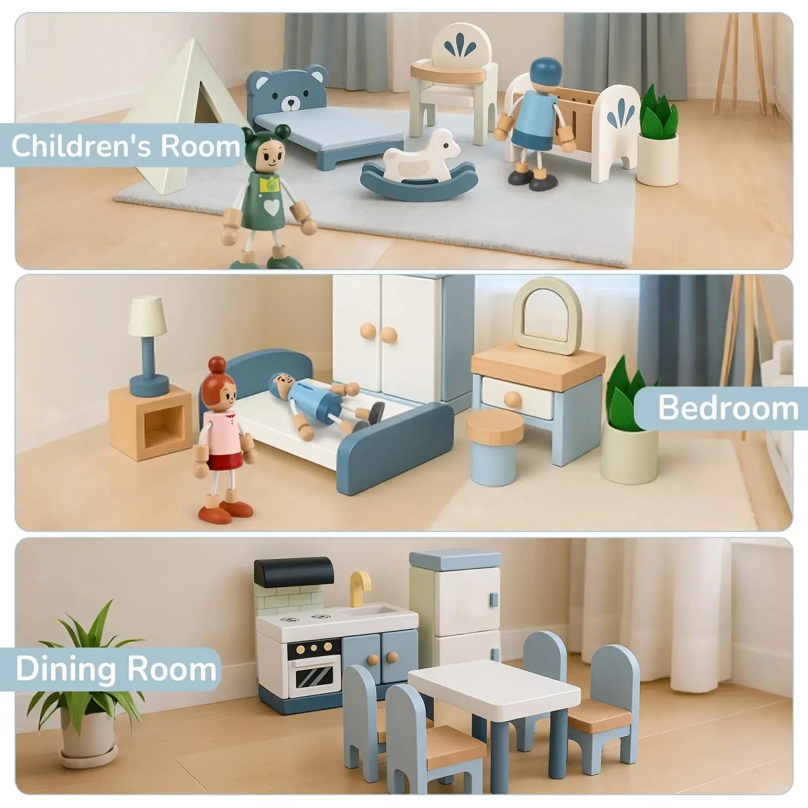 Ensemble de Mobilier de Maison de Poupée en Bois - 36 Pièces