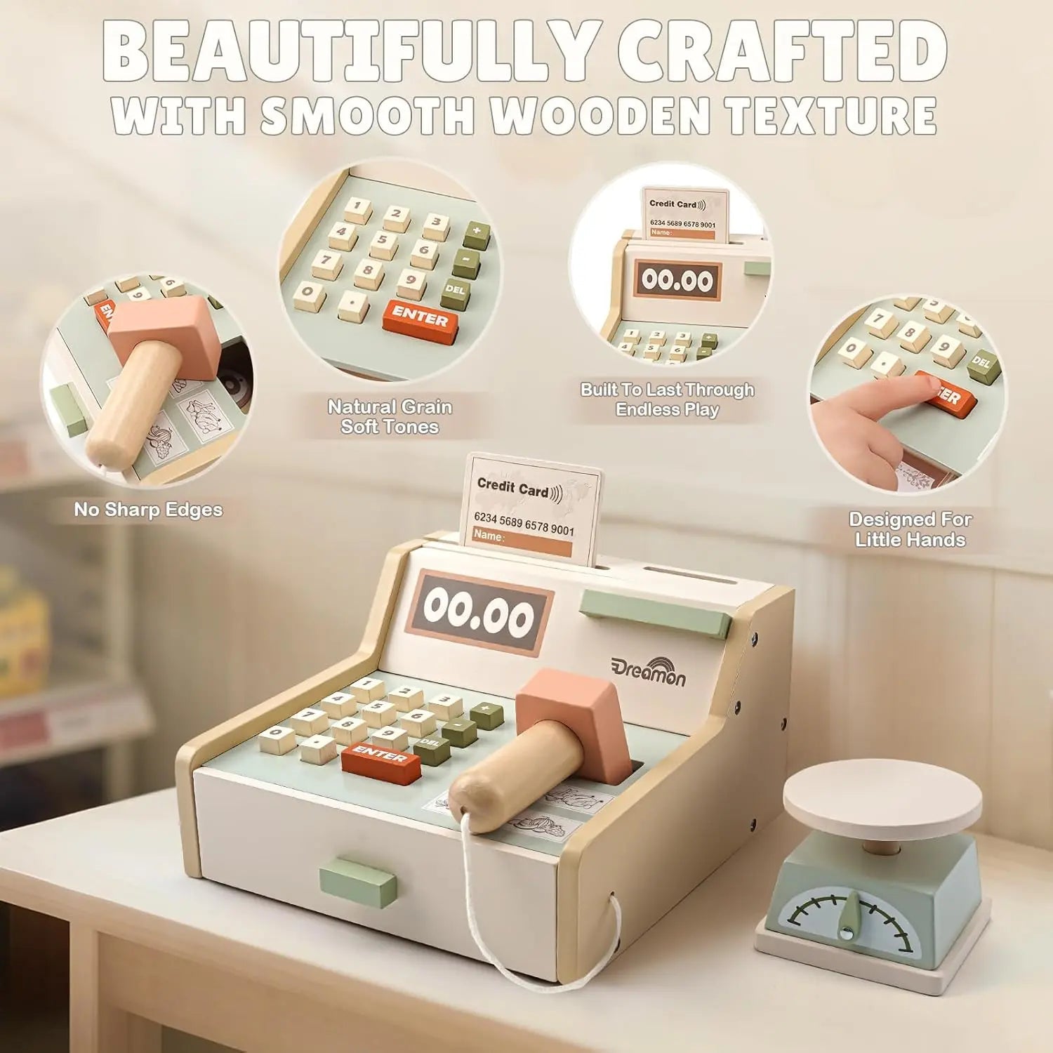 Wooden Cash Register Set for Toddlers - Educational Play Toy