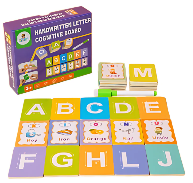 Fidtoy Write and Wipe Letter Cognitive Puzzle Board, Wooden Reusable Alphabet Learning Board for Letter Recognition, Fine Motor Skills and Early Writing Practice Ages 2-6
