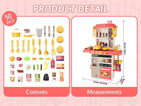 Pink Kitchen Playset Toy with Realistic Lights & Sounds Simulation of Spray Features Pretend Role Play Toys with Lots of Kitchen Accessories
