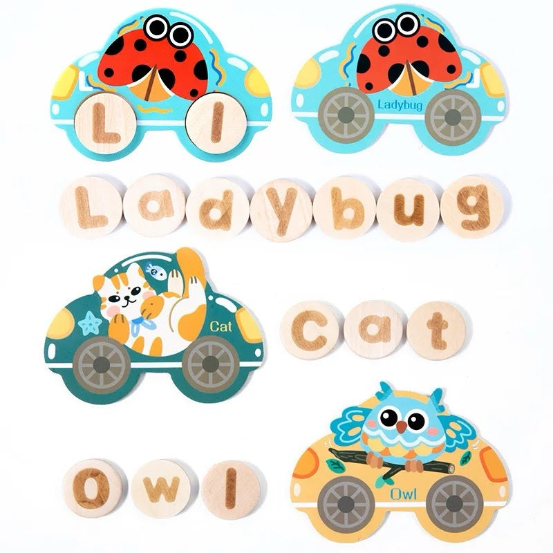 Wooden Alphabet Car Match Letters – Uppercase and Lowercase Matching and Word Formation Tray