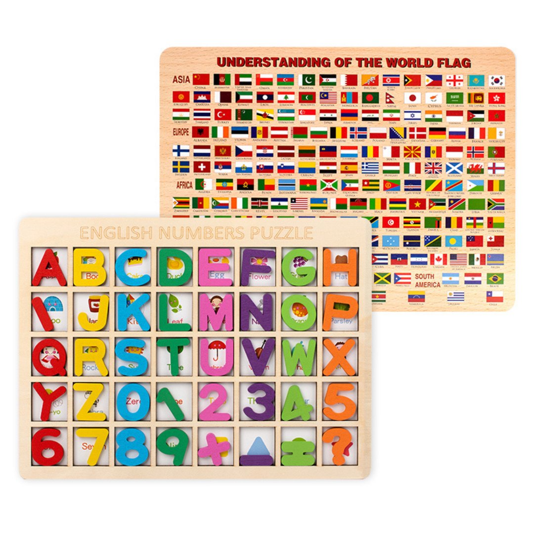 Alphabet with country flags dual board - Wooden 3D Number Puzzle Board for Kids