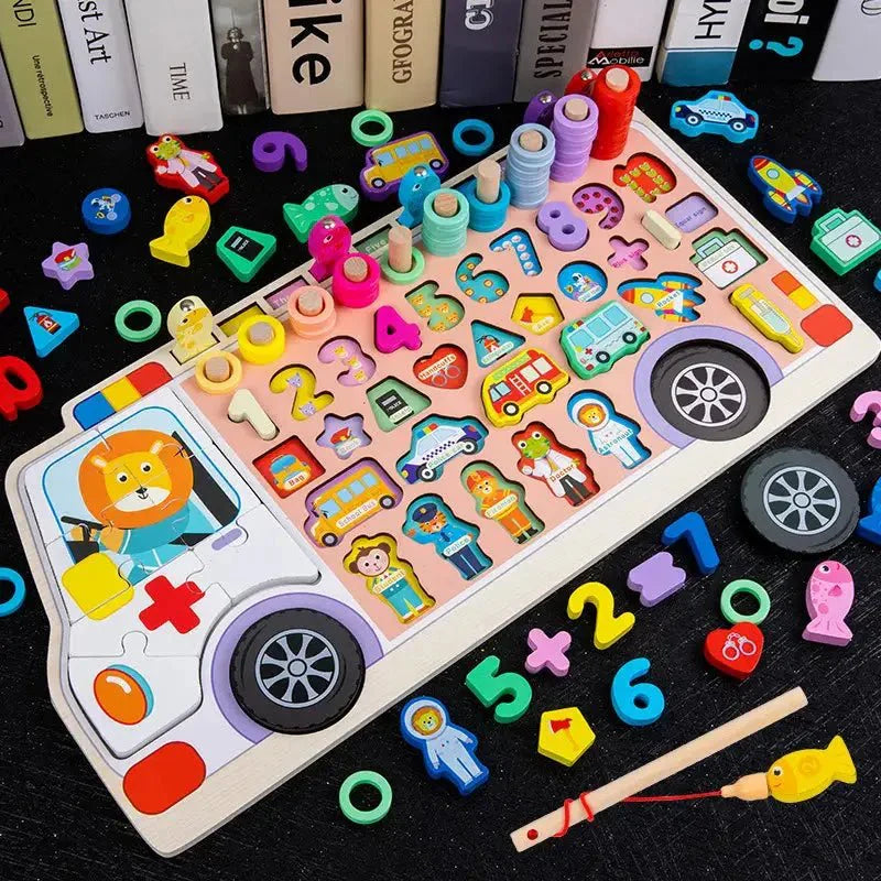 Ambulance 6 in 1 puzzle Wooden Log Board Children's Early Education Magnetic Fishing Digital Puzzle Building Block Matching Board Toys