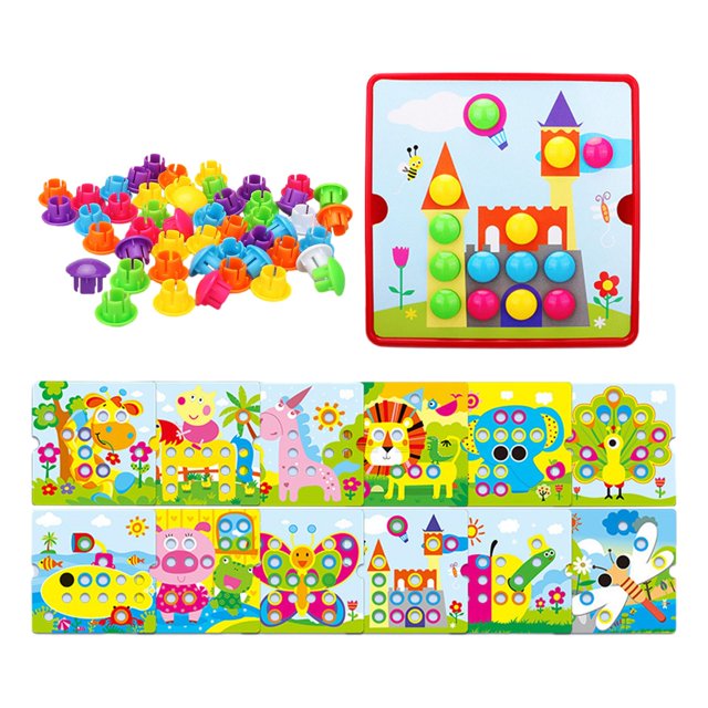 Fidtoy Button Art Matching Toy for Kids – Montessori Peg Board Mosaic Puzzle with Picture Cards