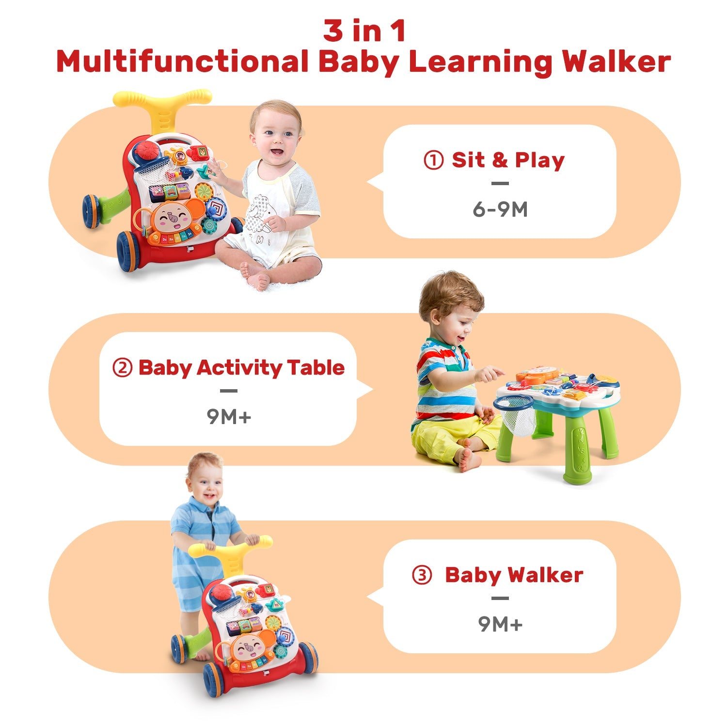 CUTE STONE Infant Toys, 2 in 1 Baby Sit-to-Stand Learning Walker, Early Educational Child Activity Center