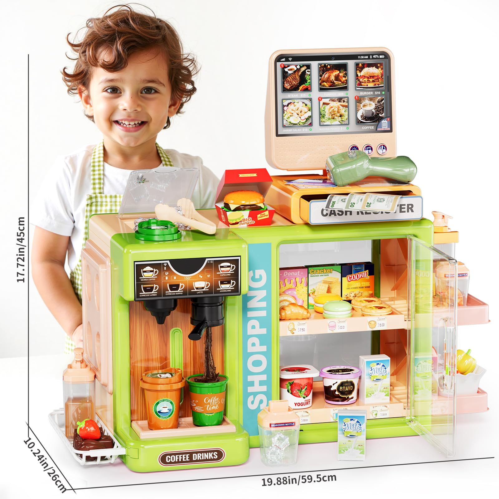 Supermarket Playset Deluxe Grocery Store with Cash Register & Coffee Maker Educational Role Play Toy for Toddlers & Kids (Green or Pink)
