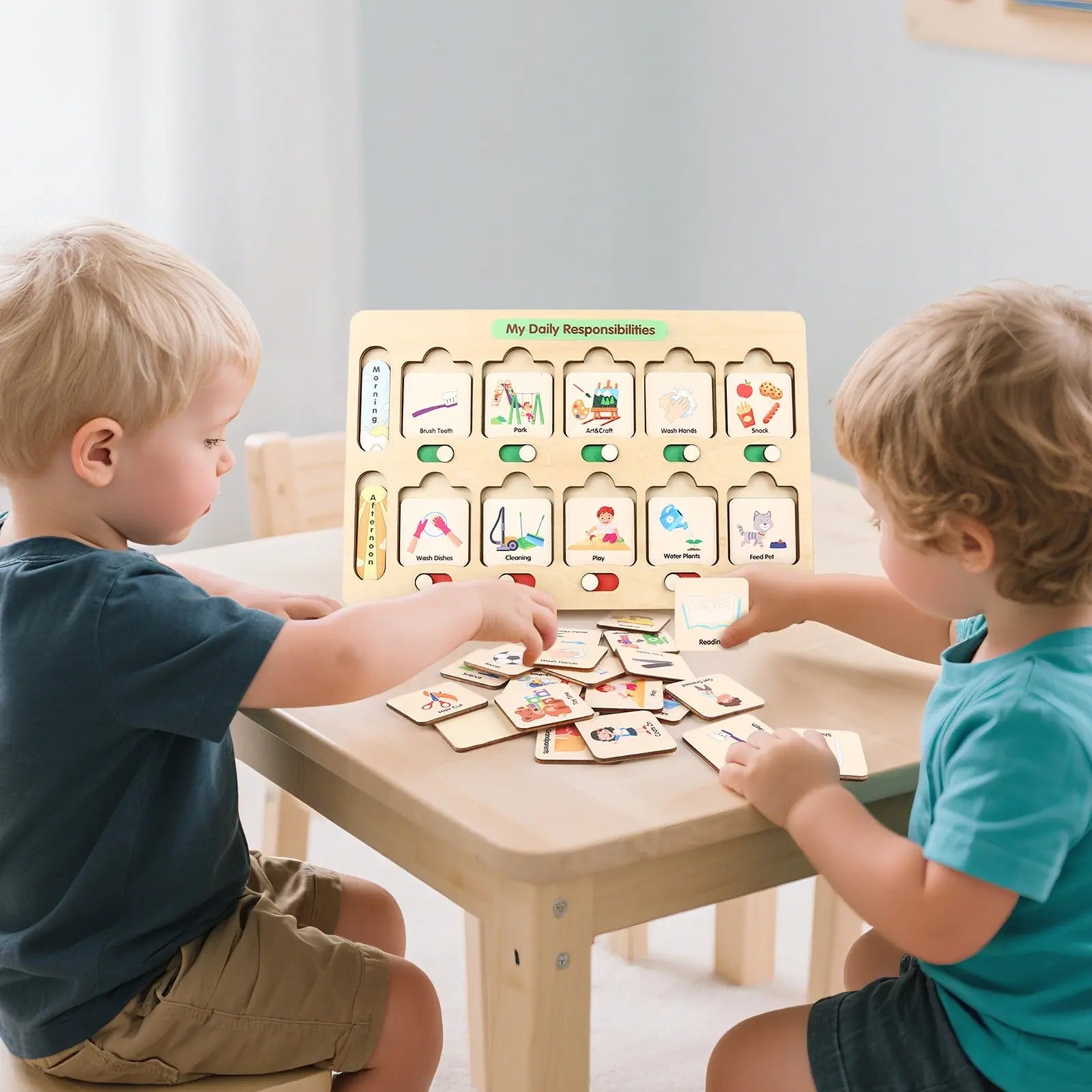 Montessori Wooden Visual Schedule for Kids - Daily Routine Board for 3-6 Years Old