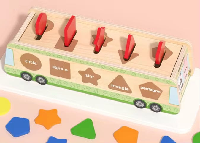 Wooden Bus Shape and Color Coin Drop Activity – Fine Motor Sorting Toy with Pattern Flashcards