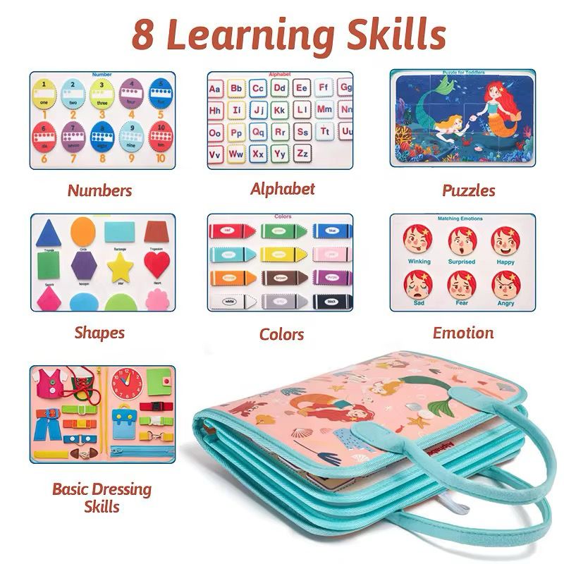 Felt Busy Board for Toddlers – Practical Life Skills Travel Toy with Space, Mermaid and Dino Themes