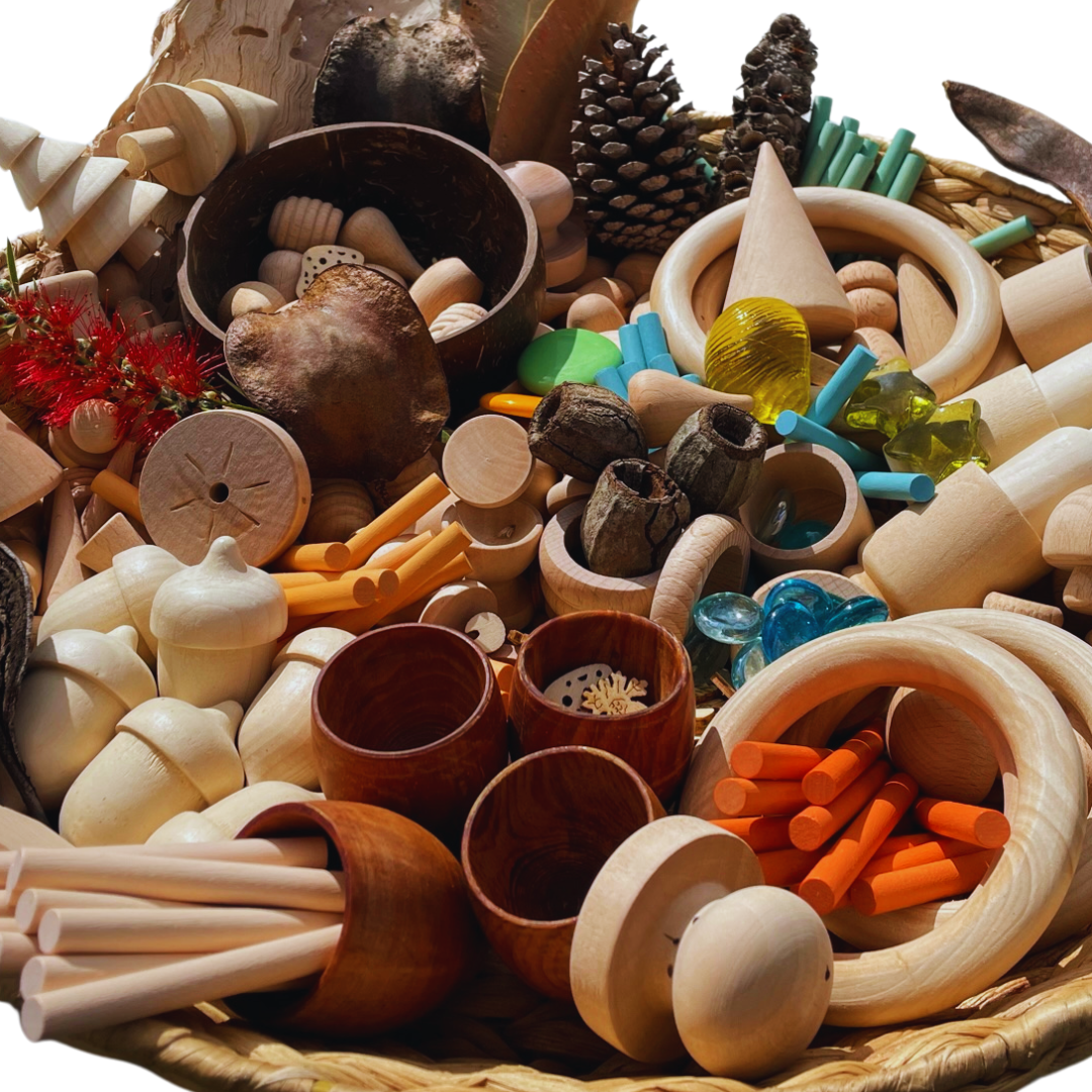 DIY Loose Parts Play Material, Egg, Tree, Rings, Bobbins, Peg Chips Coins, Peg Doll, Acorn, Ball, Egg, banksia, gumnut, seeds