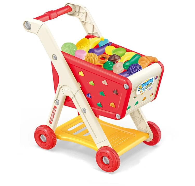 Fidtoy Kids Shopping Cart Toy Set with Pretend Food Accessories Adjustable Supermarket Role Play Cart for Toddlers