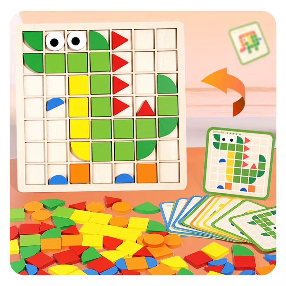 Wooden Mosaic Puzzle | 120-Piece Shape Pattern Blocks with Design Cards