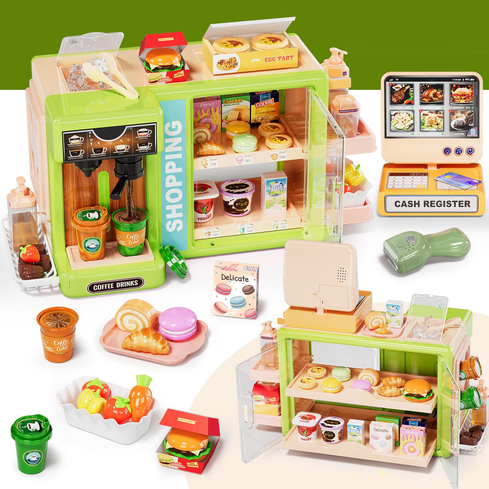 Supermarket Playset Deluxe Grocery Store with Cash Register & Coffee Maker Educational Role Play Toy for Toddlers & Kids (Green or Pink)