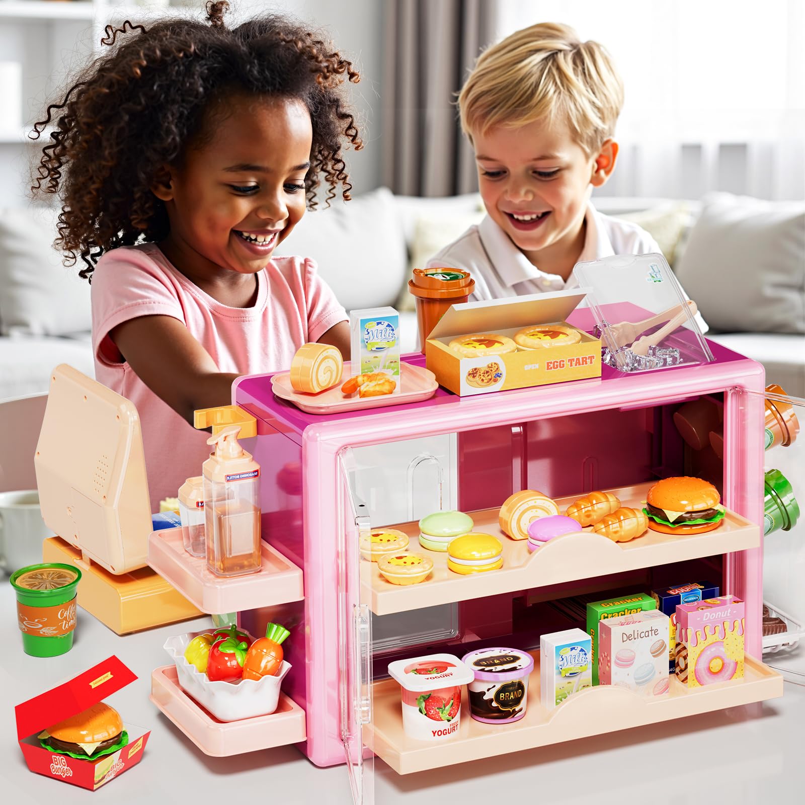 Supermarket Playset Deluxe Grocery Store with Cash Register & Coffee Maker Educational Role Play Toy for Toddlers & Kids (Green or Pink)