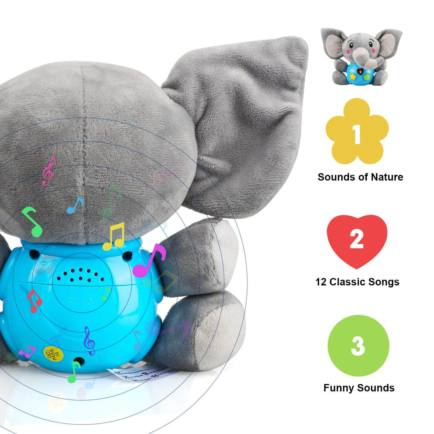 Fidtoy Musical Elephant Plush Baby Toy with Lights and Sounds