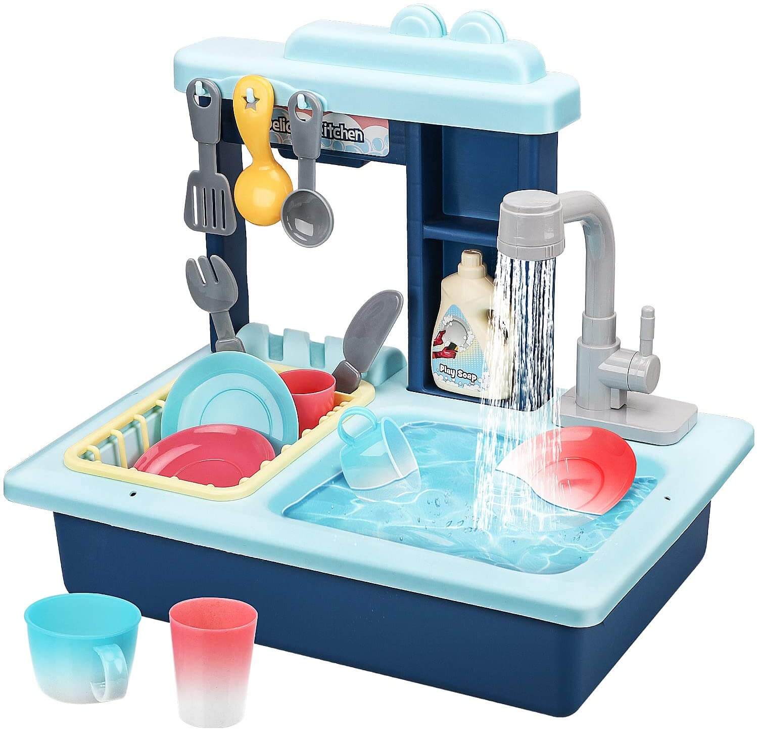 Fidtoy Play Kitchen Sink Toy with Faucet and Accessories for Kids