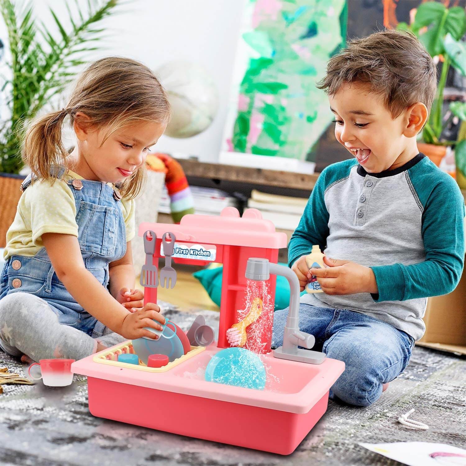 Fidtoy Play Kitchen Sink Toy with Faucet and Accessories for Kids