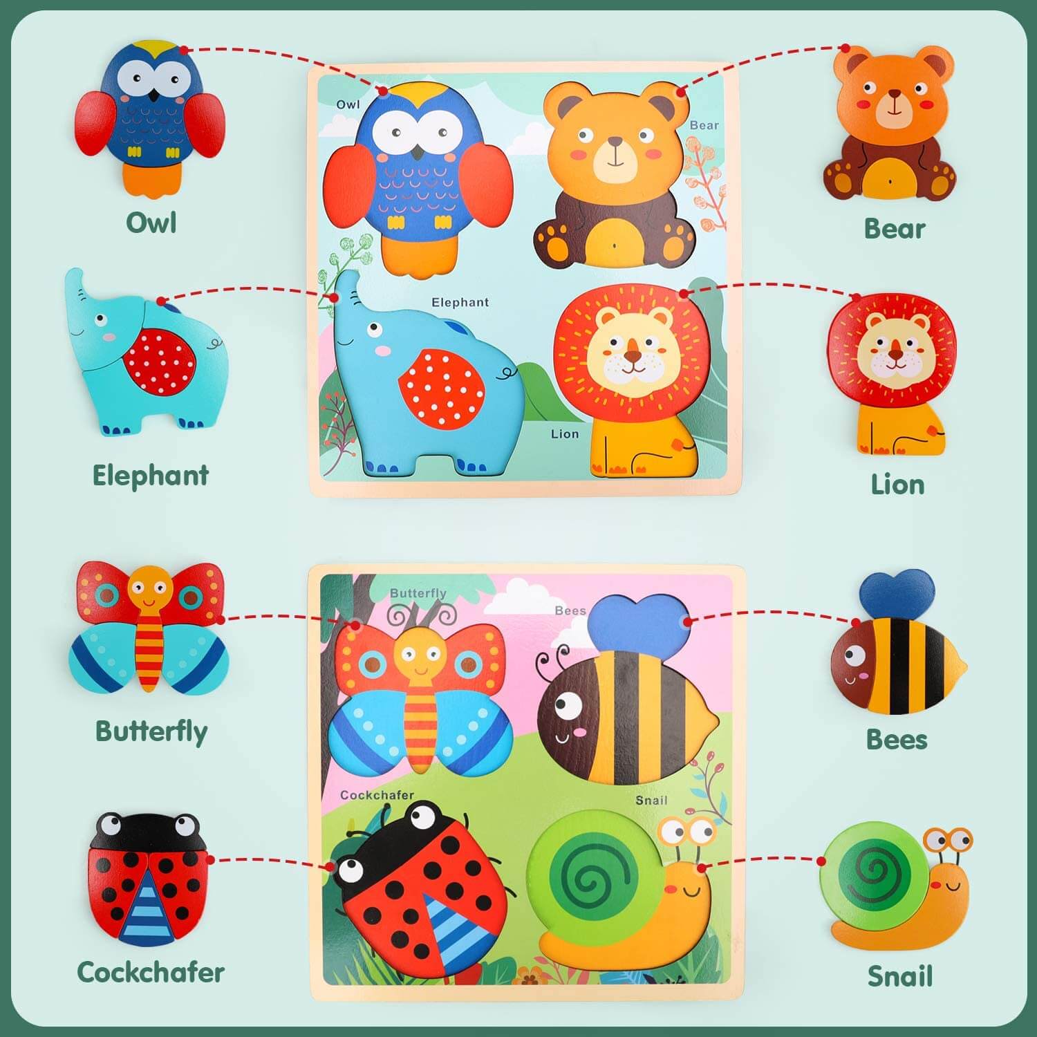 Fidtoy Wooden Animal Puzzle Board for Toddlers 1-3