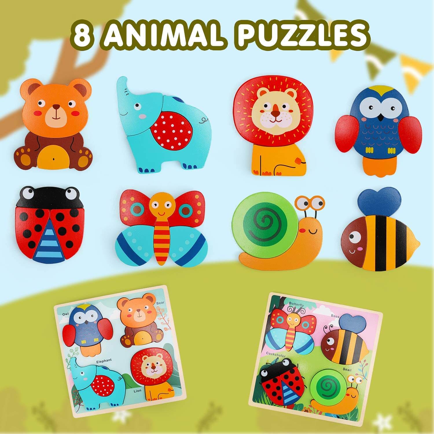 Fidtoy Wooden Animal Puzzle Board for Toddlers 1-3