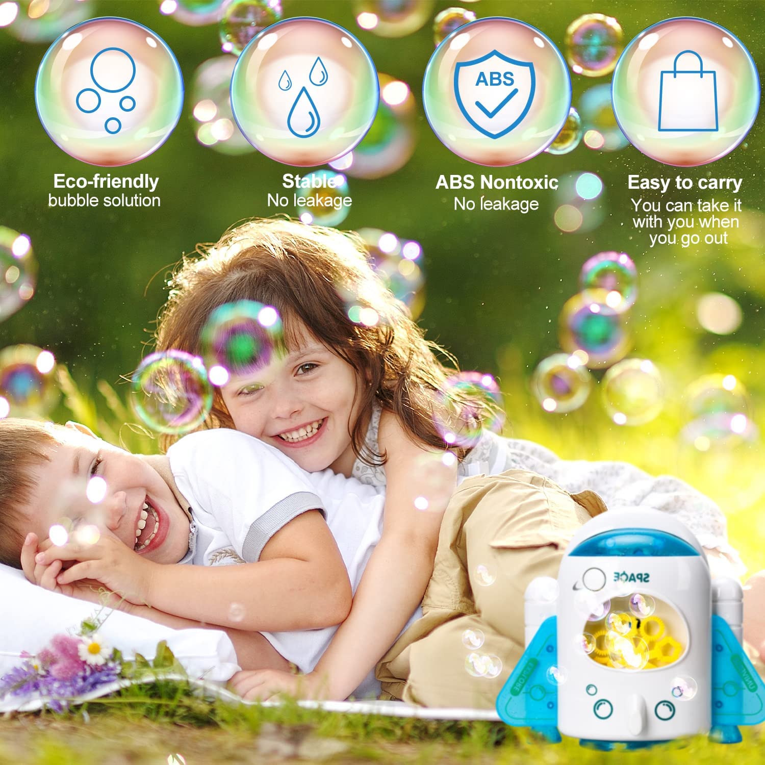 Máquina de burbujas cohete Fidtoy para niños con música y luces