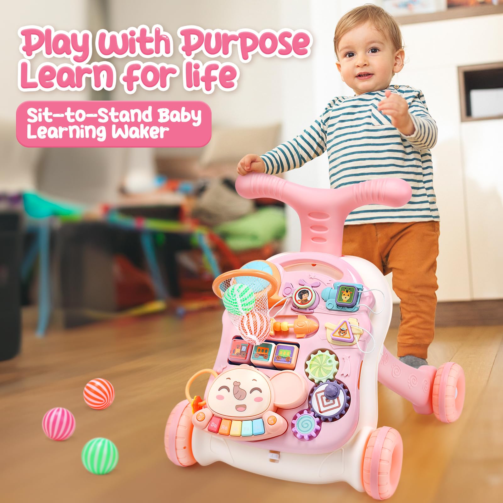 CUTE STONE Baby Walker for Girls, 2 in 1 Sit to Stand Learning Walker and Activity Center, Learning to Walk, Early Push Walking Toys for Toddler Infant