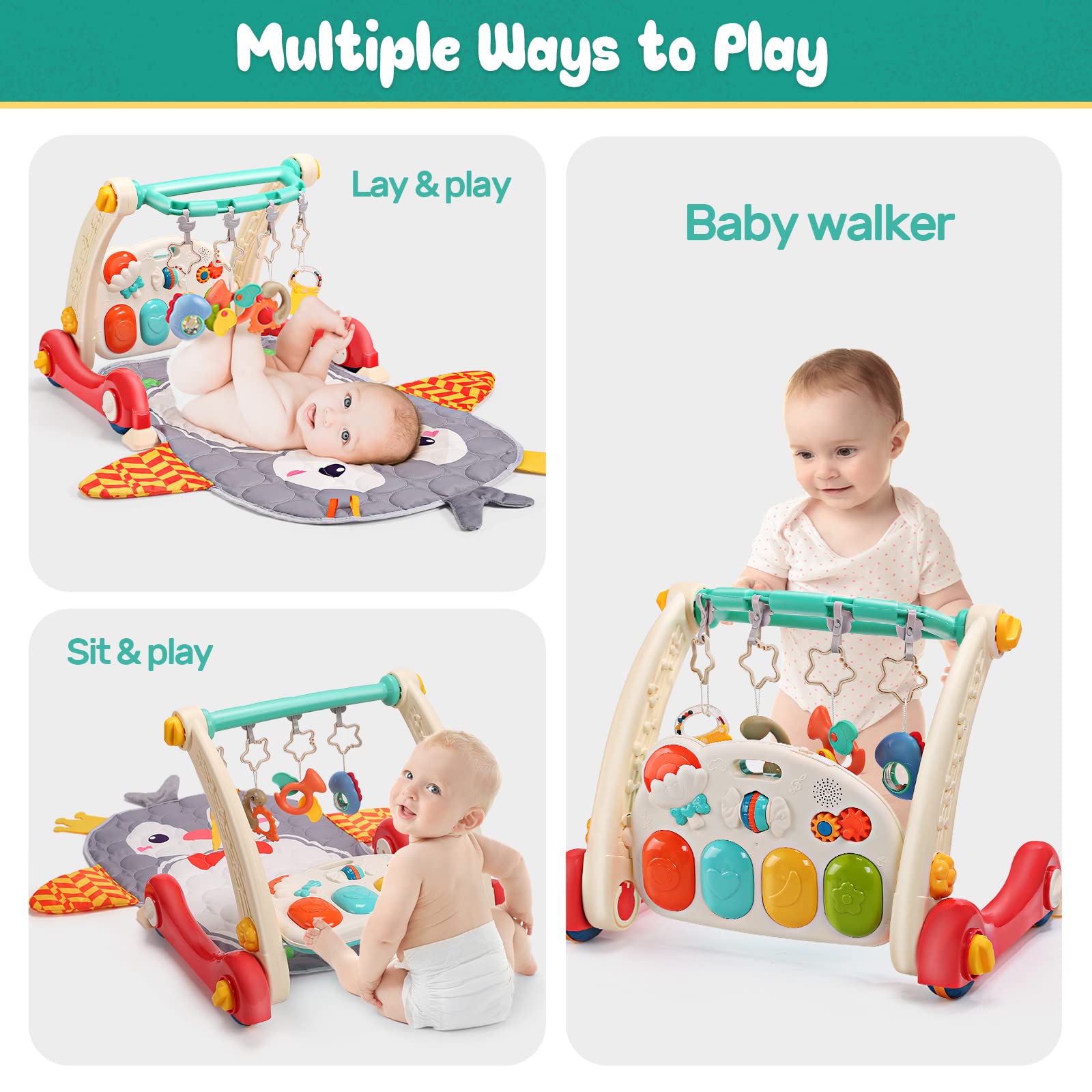 CUTE STONE Baby Gym Play Mat & Baby Learning Walker, Baby Activity Mat with Play Piano, Musical Activity Center with Lights