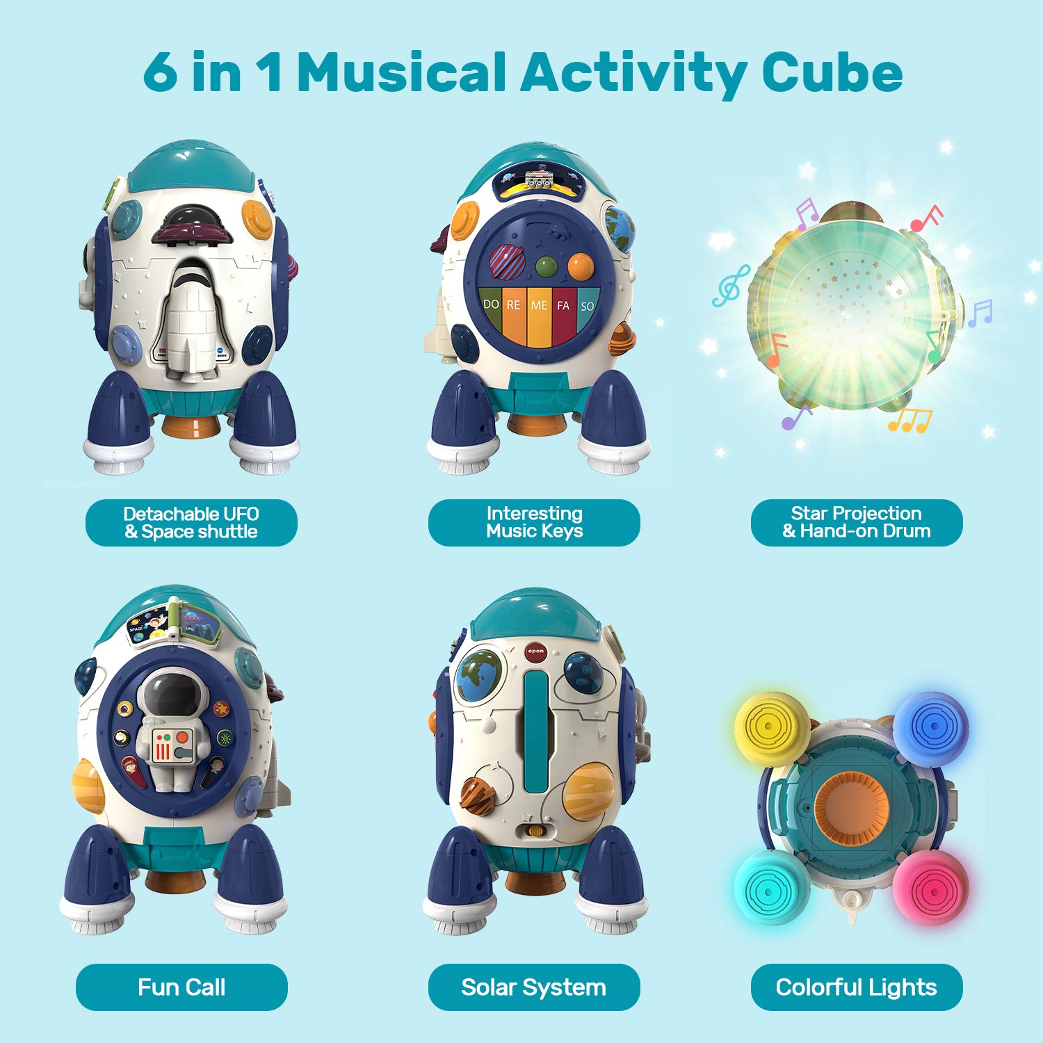 CUTE STONE Children's Multiple Activity Toys, Musical Toy, Electronic Toy W/ Lights & Sounds, Play Drum, Piano Music Key, Detachable Toy Space Shuttle, Astronaut